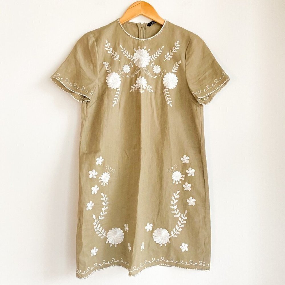 Zara Linen Look Viscose Embroidered Floral Ethnic Sheath Dress XS